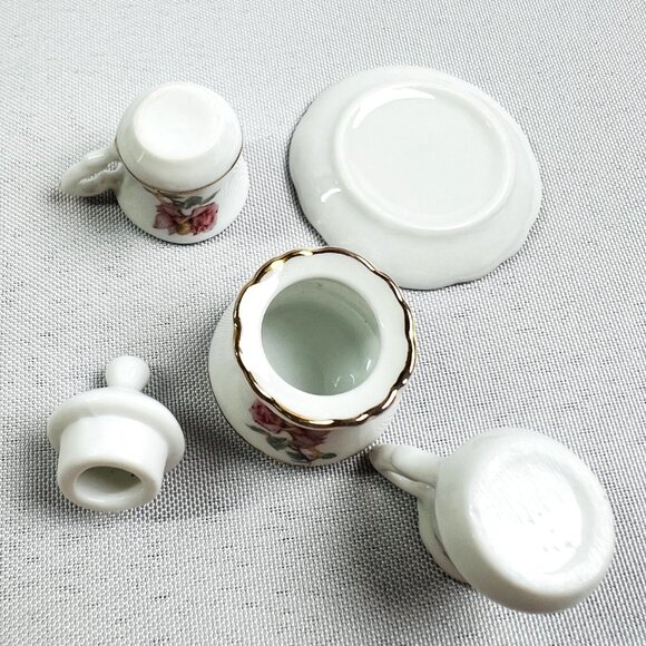 Vintage Miniature Porcelain Tea Set Teacup Sugar & Creamer Pink Floral 5 PCS - Picture 7 of 8